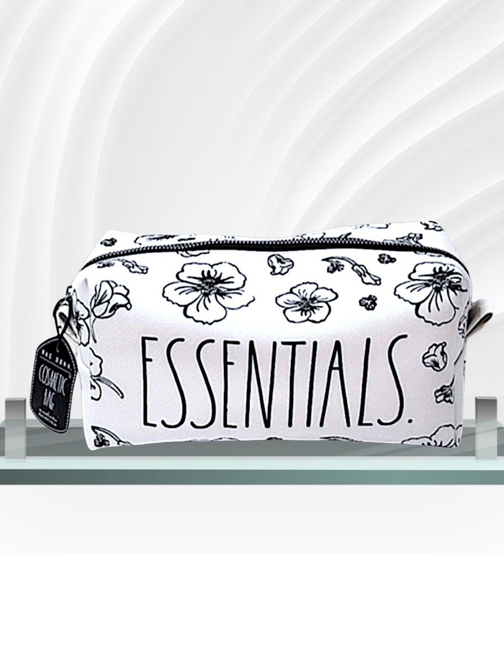 Rae Dunn White & Black "ESSENTIALS." Floral Cosmetic Bag